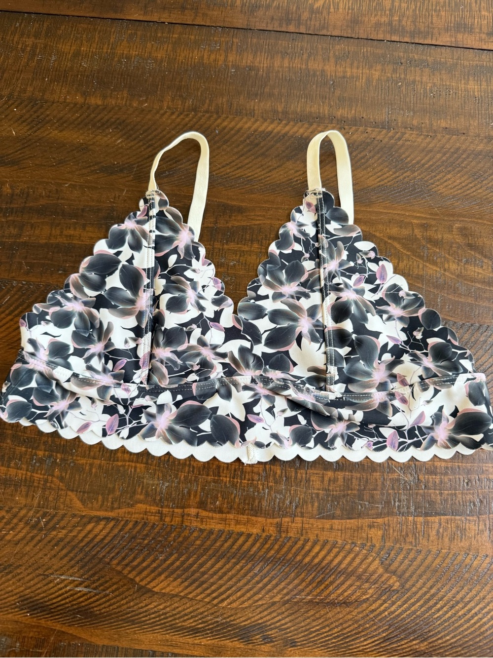 Scalloped Floral Bralette in Black, White & Pink